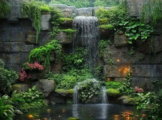 Tuinposters - Tuindecoratie - Waterval - Vijver - Planten - Natuur - 244cmx183cm - Tuin decoratie - Schutting decoratie - Tuinposter - Schuttingdoek - Buitenposter - Tuinversiering - Balkon decoratie - Tuinschilderij