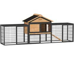 Konijnenhok 2 Lagen - Buitenhok Massief Hout - 217x53x86 cm - Met Ren Winterbestendig - Voor Cavia & Konijn - Geel
