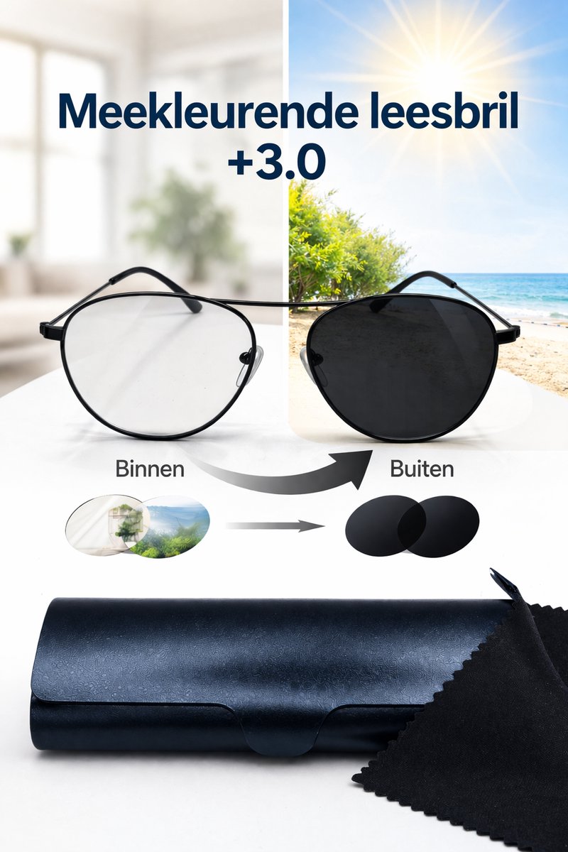 Unisex leesbril met meekleurende glazen +3,0 / photochromic reading glasses / sunreader 2405 / chameleon bril / fotochroome grijze lenzen +3.0 / bril met brillenkoker en microvezel doek / zonnebril / lunettes de soleil / Aland optiek