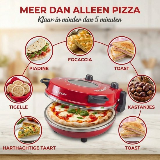 Beper Pizzaoven Elektrisch 1200W - Pizzamaker tot 400°C - Vuurvaste Steen - 31cm - Timer - voor Verse en Diepvriespizza — afbeelding 4