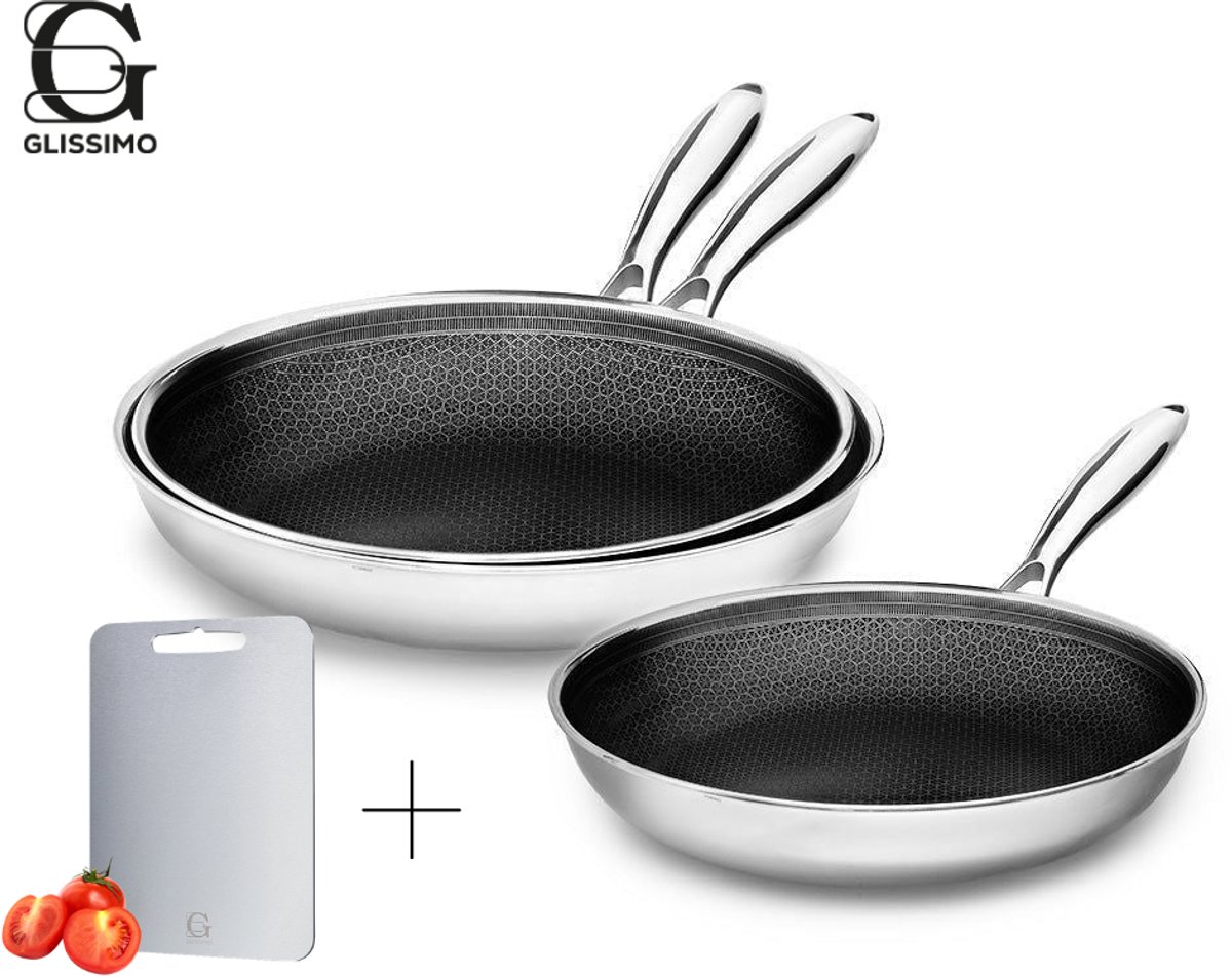 Glissimo Cookware - Pannenset 4-Delig RVS - Snijplank - Koekenpannenset 20 26 30 cm - Inductie Geschikt - Voor alle warmtebronnen
