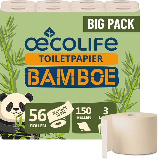 Verpakking 'BIG PACK' ecru bamboe toiletpapier met een panda die bamboe eet. Aanduidingen: 56 rollen, naturel beige, 150 vellen, 3 lagen.