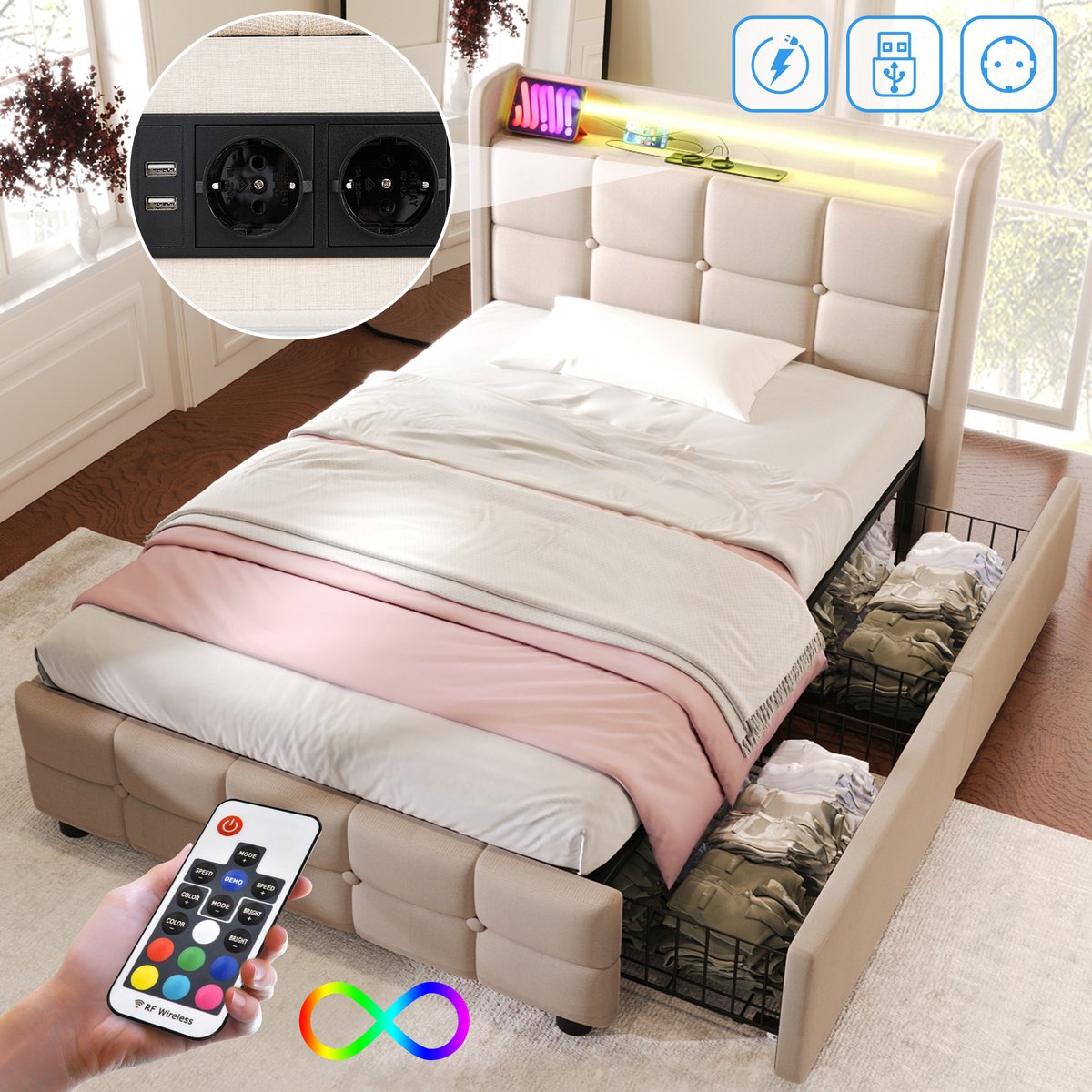 Wishdor Eenpersoonsbed 90x200 cm – USB, Stopcontact & LED – 2 Opberglades – Linnen Beige