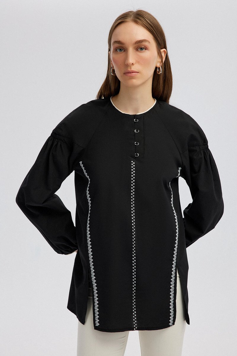 Touché Privé - Geborduurde tuniek met rimpelmouwen - Zwart - Dames