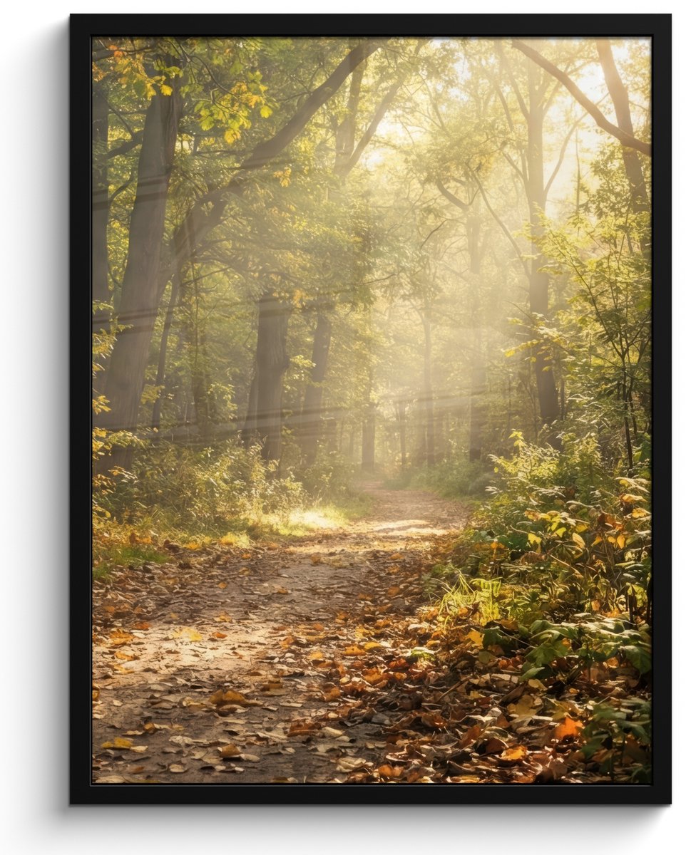FrameYourWall Poster in lijst - Fotolijst 60x80 cm - Posters - Zonlicht - Bospad - Bomen - Posterlijst zwart - Decoratie - Wanddecoratie woonkamer - Muurdecoratie slaapkamer