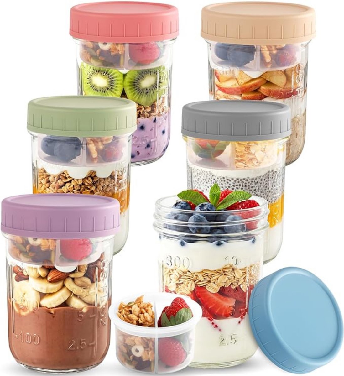 Verte Overnight Oats Potjes - Potjes voor Overnight Oats – Luchtdicht Deksel met Scheidingslaag – Glazen Potjes voor Overnight Oats – Set van 6 – 470 mL