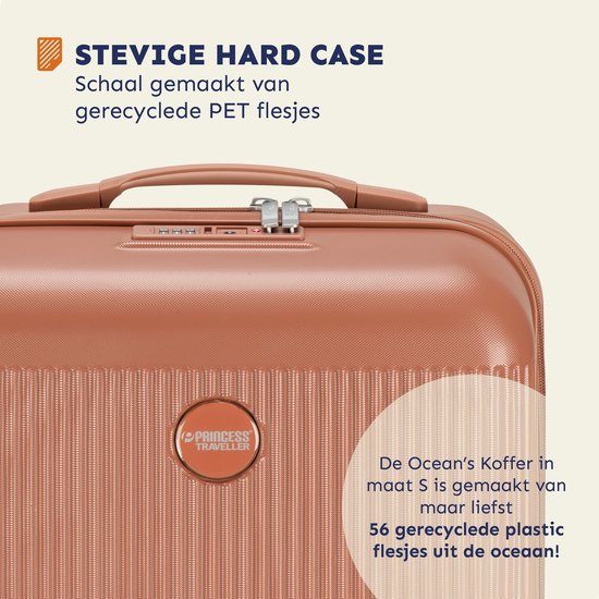 Roestbruine koffer met TSA-slot en een Princess Traveller logo. Gemaakt van gerecycled PET.