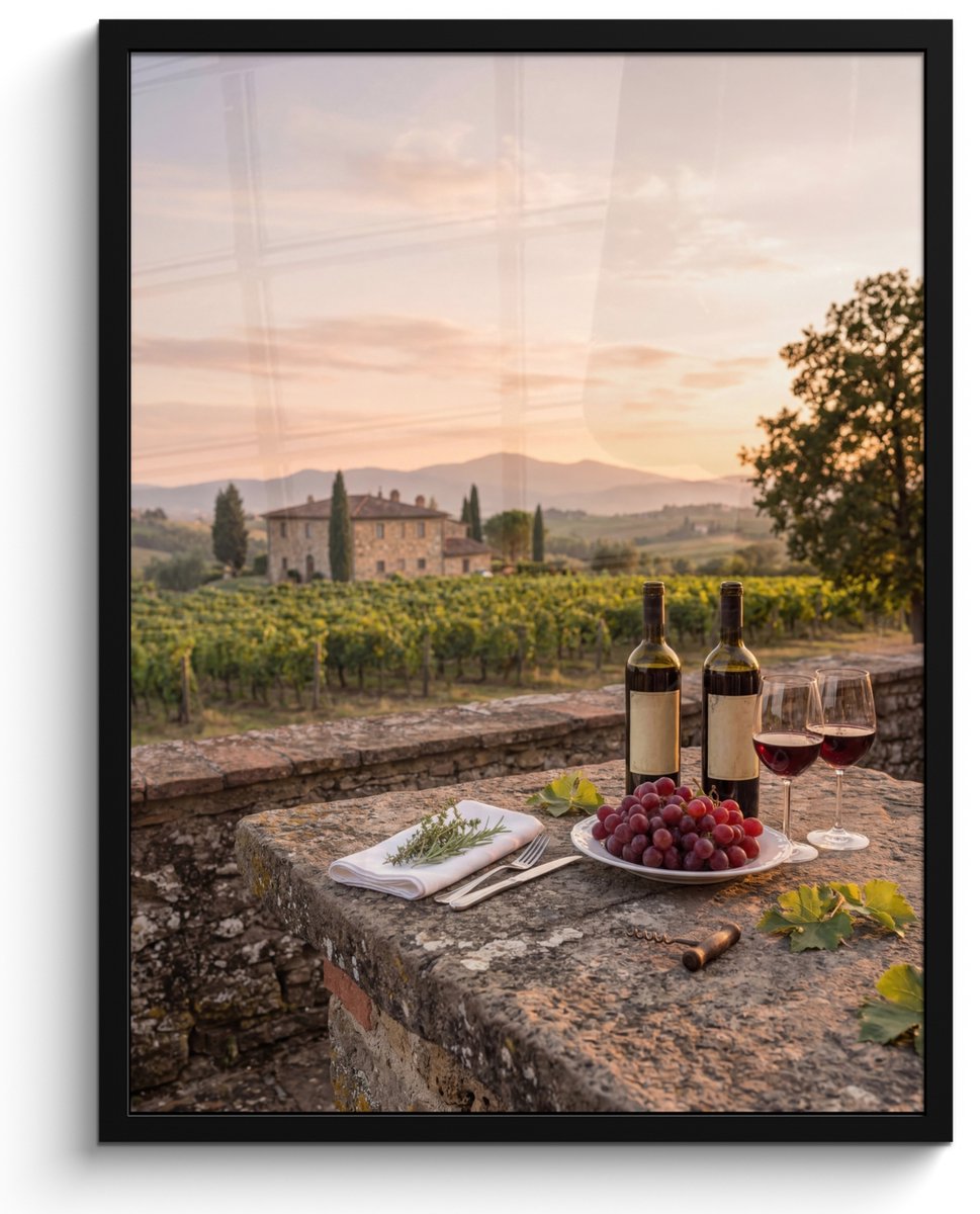 FrameYourWall Poster in lijst - Fotolijst 60x80 cm - Posters - Wijn - Glazen - Druiven - Wijngaard - Posterlijst zwart - Decoratie - Wanddecoratie woonkamer - Muurdecoratie slaapkamer