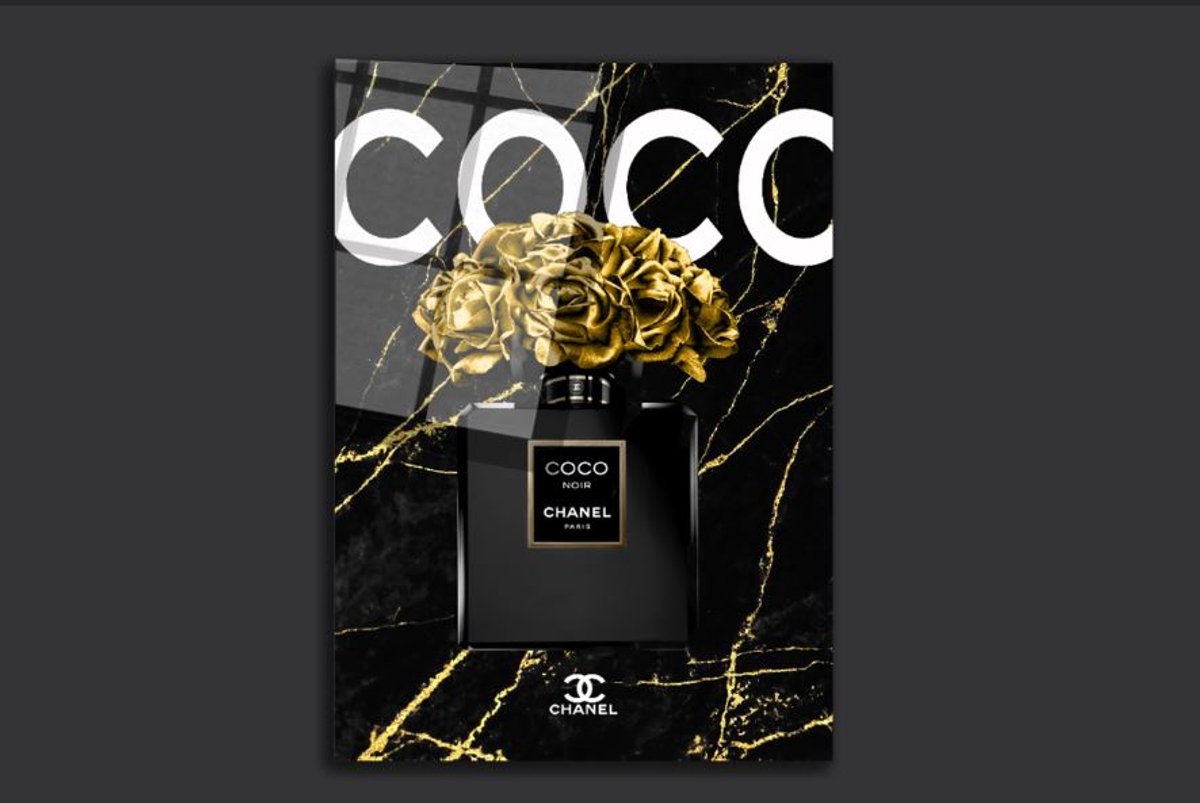 Coco chanel mademoiselle black mermer gold plexiglas schilderij 80x120cm