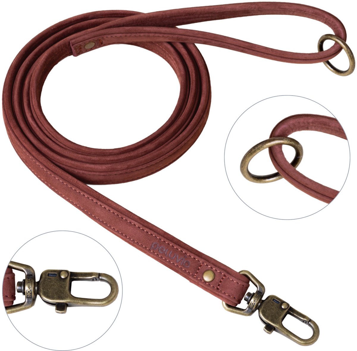 PELUVIO regent - leren hondenriem - maat m - 2 cm breed - 1,7 m lang - voor middelgrote en grote honden - rundleer - koperen details - veiligheidssluiting - bruine hondenlijn