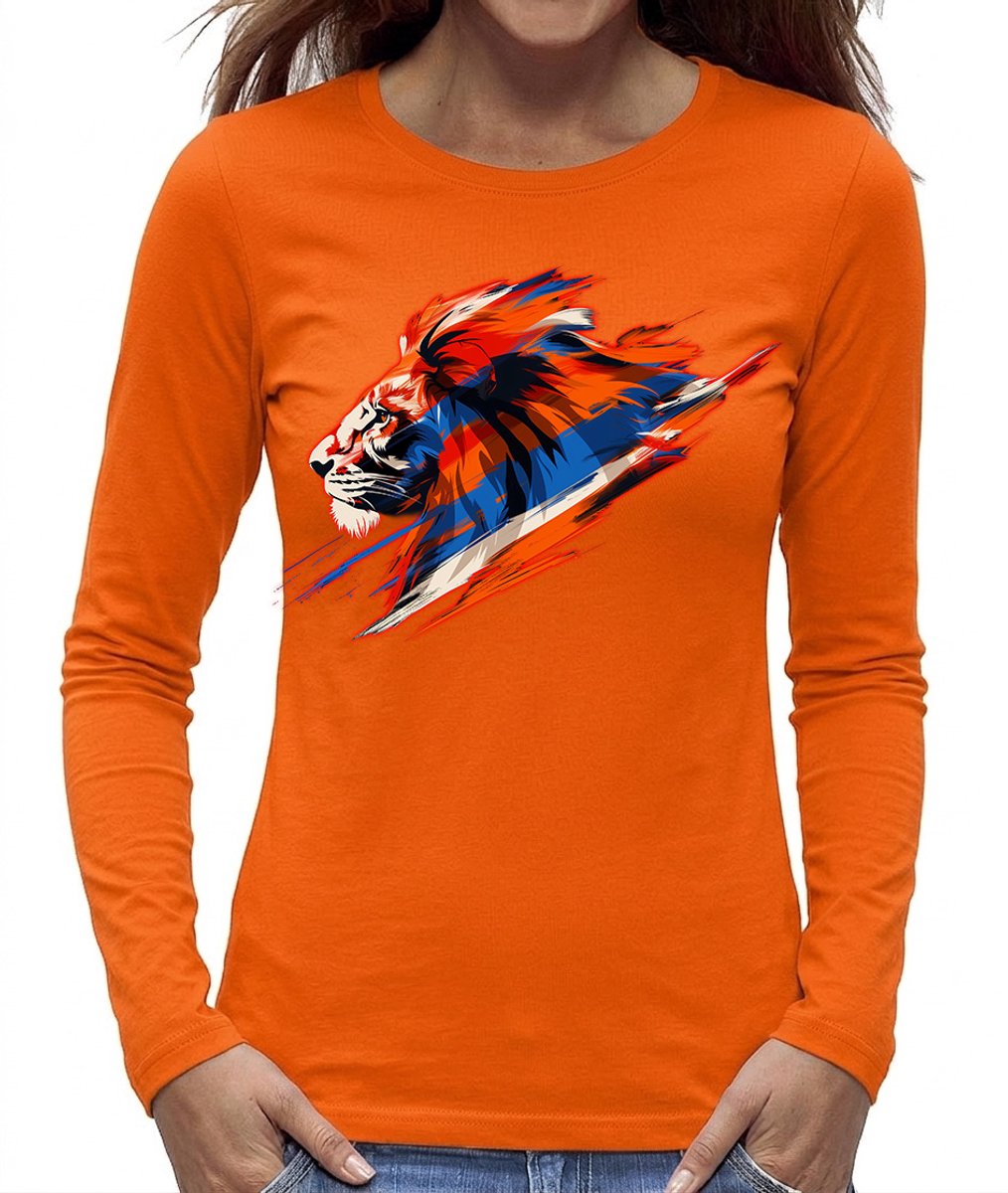 Oranje shirt dames leeuw in Nederlandse kleuren – lange mouw – Koningsdag – EK shirt – WK shirt Maat XXL