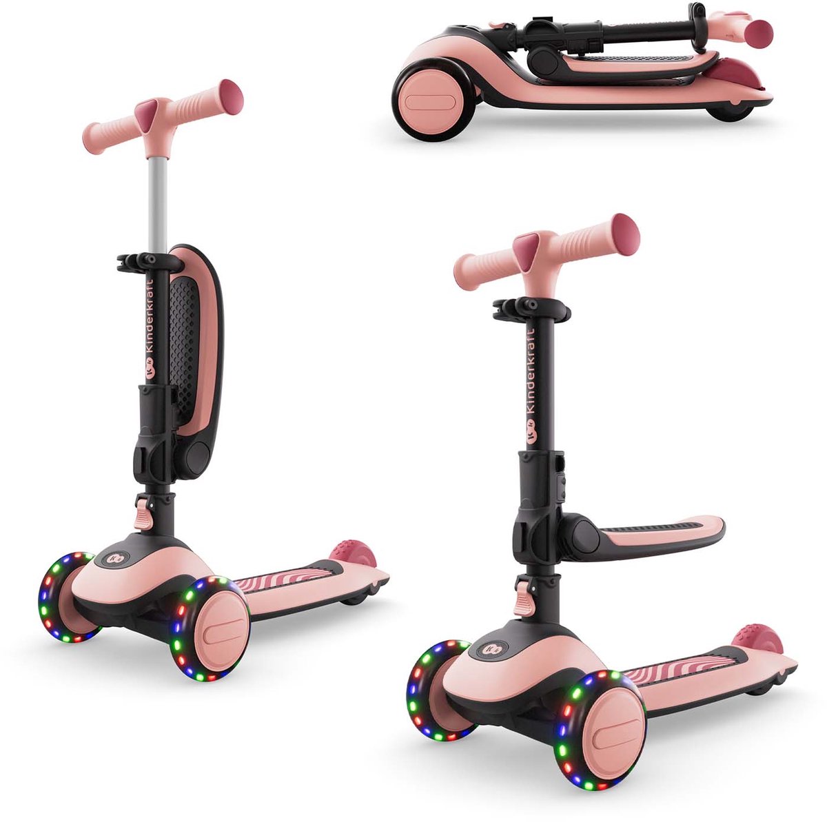 Kinderkraft HALLEY 2 2-in-1 Loopfiets en Driewieler Step - Voor Kinderen van 1-5 Jaar, Max 50 kg - Verstelbaar Zadel en Stuur, Opvouwbaar, LED Wielen - Roze