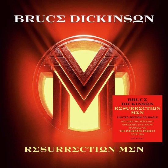 Bruce Dickinson - Resurrection Men CD single, met een rode sticker met tekst en een grote gouden M op de voorkant.