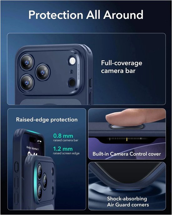 Gedetailleerde donkerblauwe hoes die bescherming rondom toont: camera, schermrand, knoppen en hoeken.