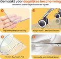 Vier close-ups van de Goliving vloerbeschermer: vrijwel onzichtbaar, soepel rollen van stoelen, 1.5mm duurzaam PVC, eenvoudig op maat te knippen.