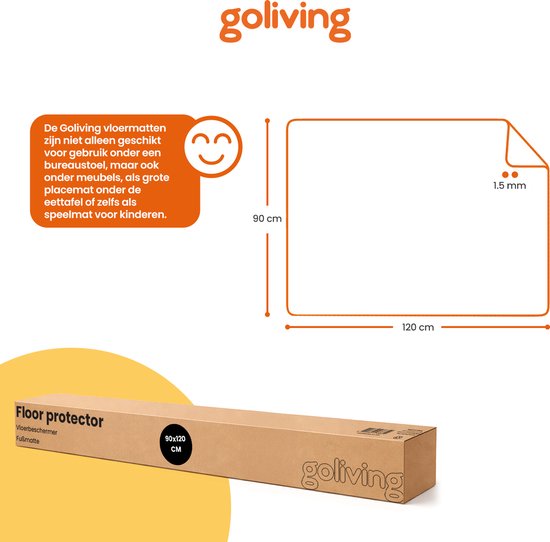 Verpakking van Goliving vloerbeschermer, 90x120 cm, met schematische weergave van afmetingen 90 cm en 120 cm, en dikte 1.5 mm.