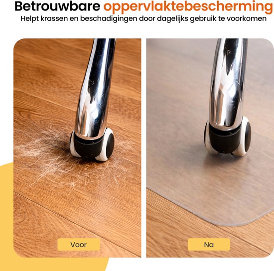 Vergelijking van houten vloer met stoelslijtage en dezelfde vloer beschermd door transparante mat.