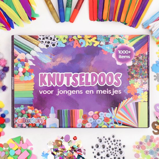 Knutseldoos voor jongens en meisjes met 1000+ items, met een kleurrijke voorkant met pompons, letters en confetti.