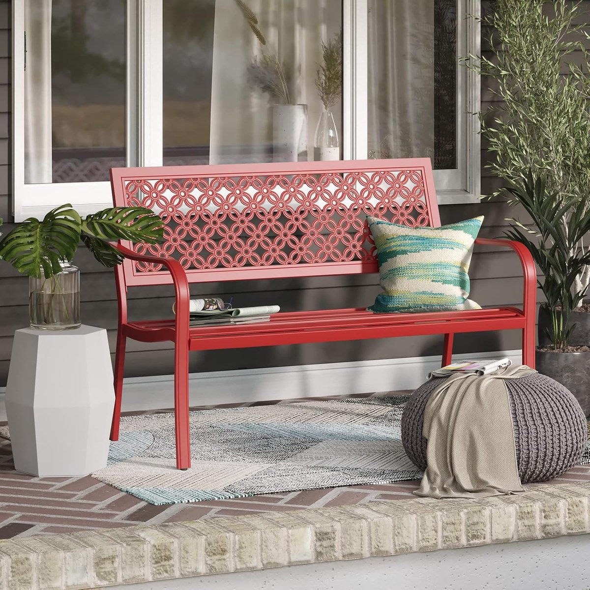 Parkbank 3-zits met Rugleuning en Armleuningen 125x61x86 cm – Vintage Gietijzeren Tuinbank Bossa Nova Rood – Stevige Stalen Outdoor Bank voor Tuin, Balkon en Park – Laura