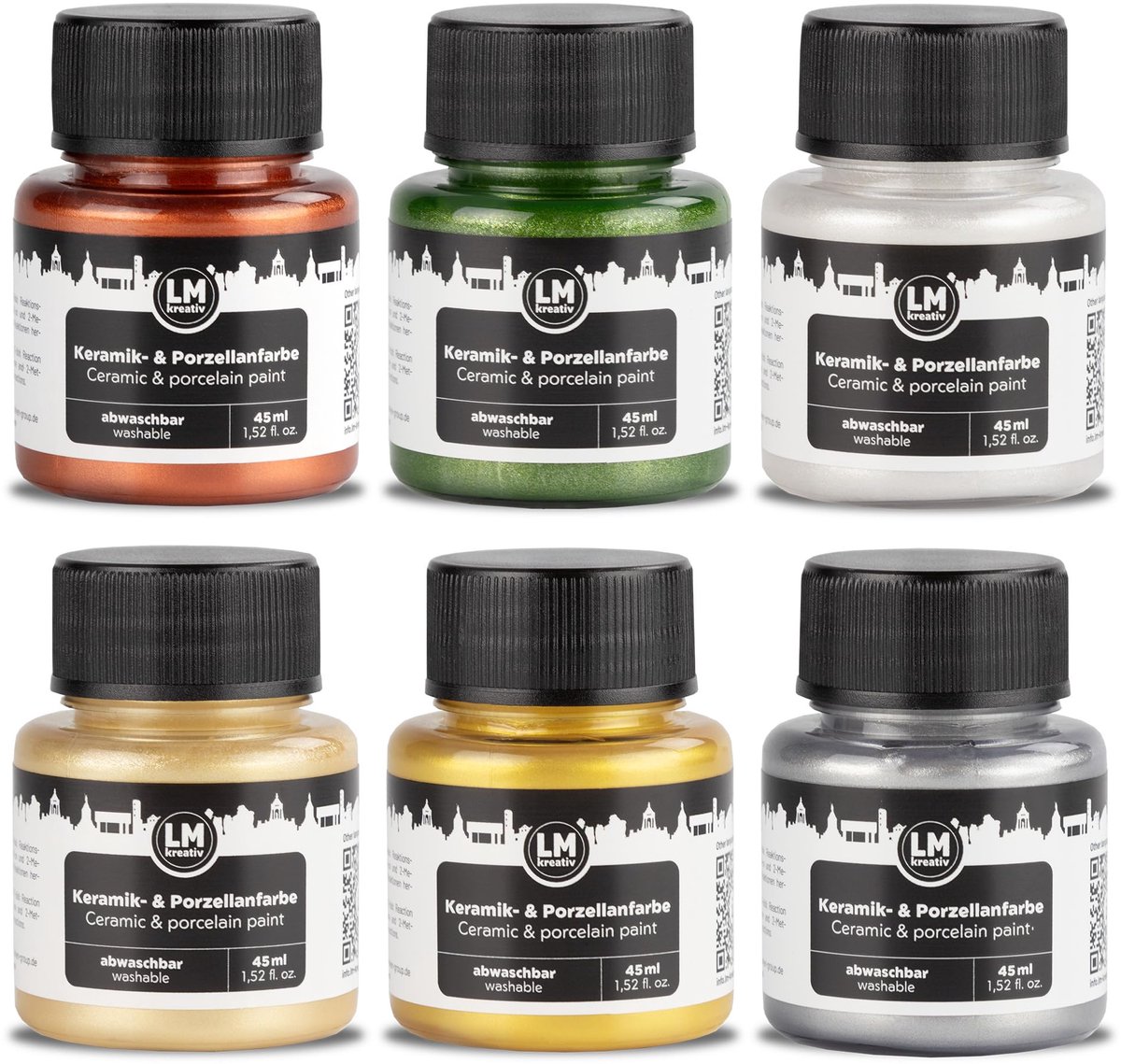 LM-Kreativ Porseleinverf set – Voor Glas en Keramiek - Vaatwasserbestendig - Metallic Kleuren - 6 x 45 ml