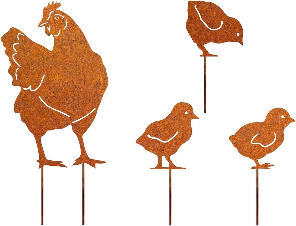 carmdering - Tuindecoratie - Metalen tuinfiguur - Wand- & Boomdecoratie - Set van 4, ijzer met antieke roestafwerking - Weerbestendig, bestand tegen regen, zon en vorst - Laser-cut silhouetten, thematische sets voor Pasen - Eenvoudig te plaatsen