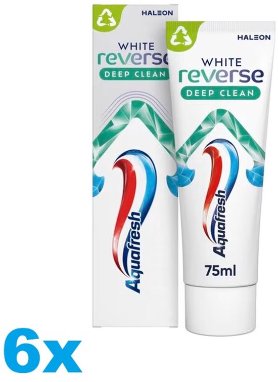 Doosje en tube Aquafresh White Reverse tandpasta, 75 ml. Witte verpakking met rood, wit en blauw Aquafresh logo.