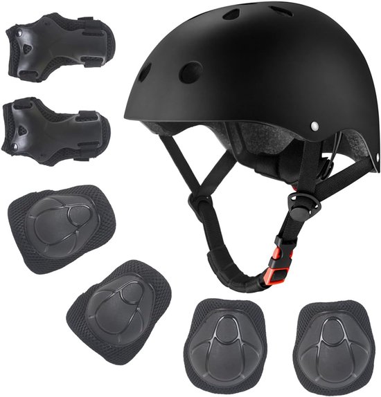Kind Beschermingsset - Skate Beschermset Kinderen - Helm Knie Elleboog Pols Beschermers - Skate bescherming - Sportveiligheid - Skeeler Beschermset - Skatebeschermers - kniebeschermersset - voor skateboard en scooterhelm - Zwart - M