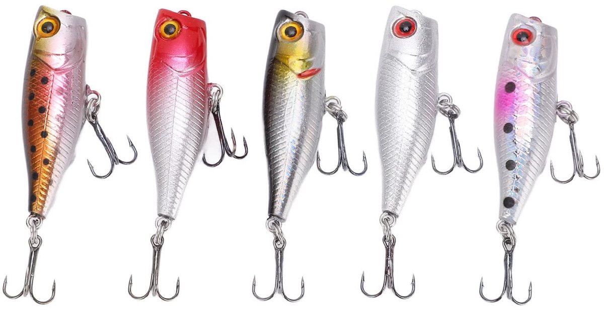 Kunstaas Set - 5 Stuks Topwater Poppers - Levensechte 3D-Ogen - 4,5 Cm en 3,5 G