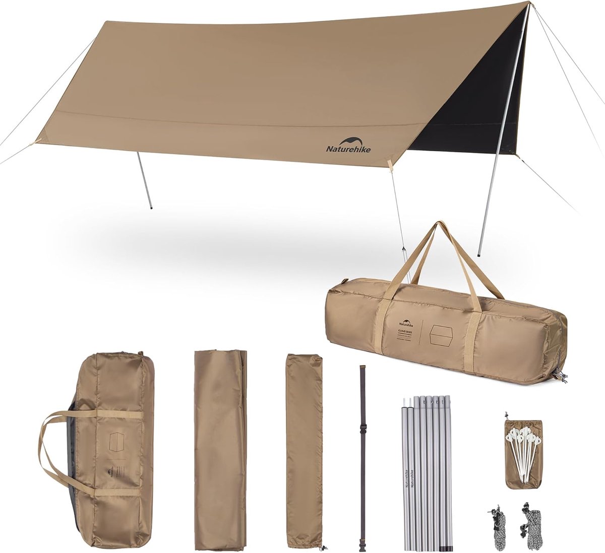 Naturehike Camping Tarp 5×3,8 m – Universeel – Waterdicht 18.000 mm – UPF 2000+ – Zonnescherm – Lichtgewicht Tentzeil en Regenzeil – Beige