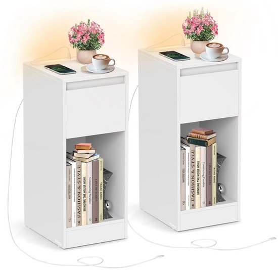 Met Plank en Lade Wit Nachtkastje voor Slaapkamer Houten Kast Bijzettafel Opbergmeubel Kleine Console Tafel voor Woonkamer