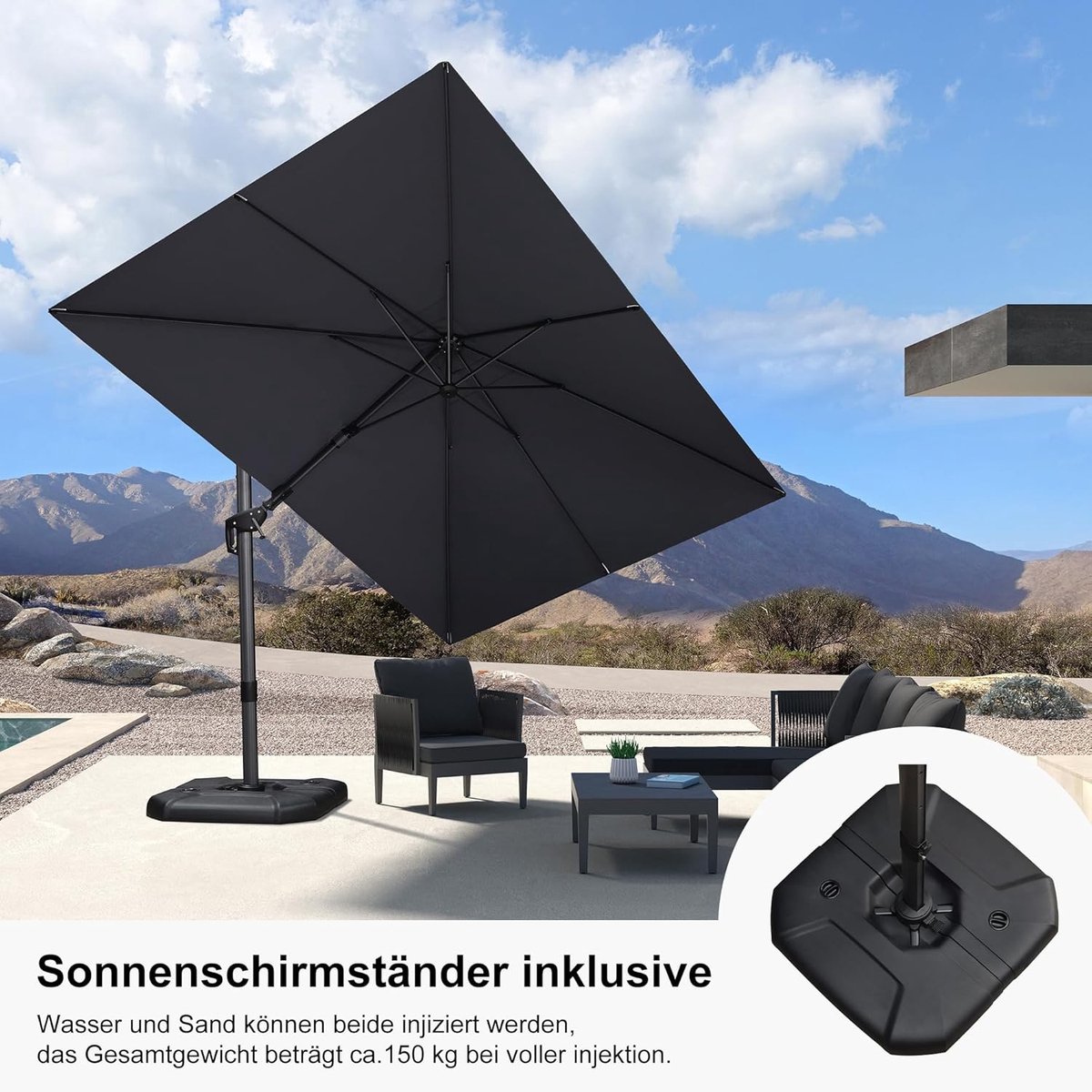 Zweefparasol 300x300 cm met LED Verlichting & Zonnepaneel – 360° Draaibaar, Kantelbaar, Aluminium Frame, UV50+ & Waterafstotend, Luxe Tuinparasol Vierkant Grijs – Laura