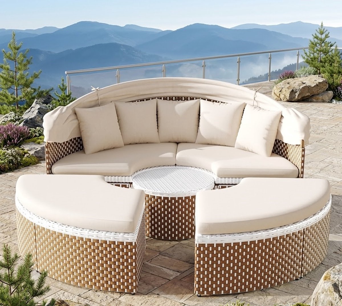 Luxe Shell Relax Zonne-eiland Loungeset met Verstelbare Luifel & Tafelblad 170 x 170 x 142 cm – Ronde Poly Rattan Tuinset met Ligfunctie en Kussens voor Balkon, Tuin en Terras