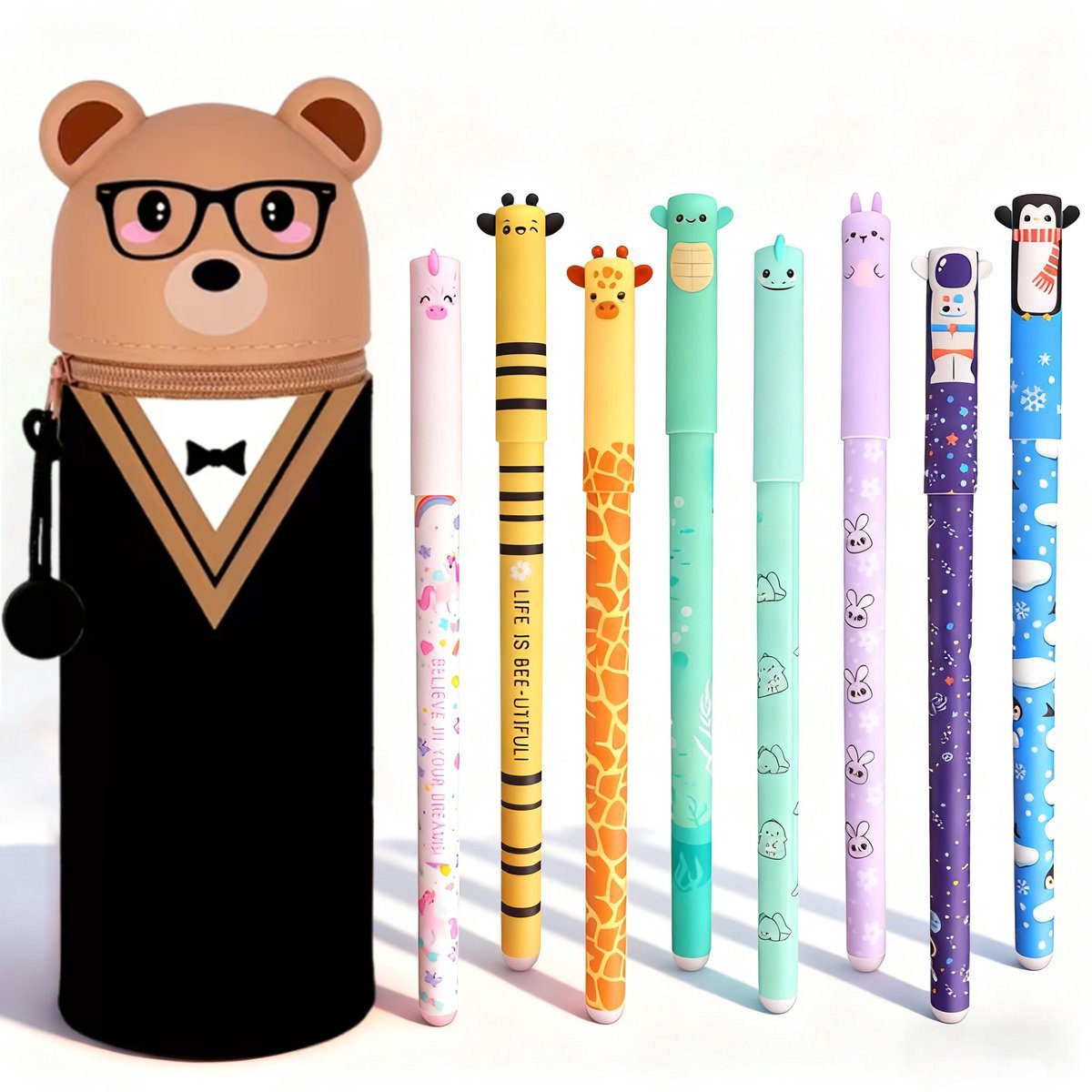 Namajunas - Uitwisbare pennen 8 kleuren - Gelpennen met siliconen etui - Beer Pennenzak - 0,6 mm Cartoon Patroon Dierenpen voor Schoolspullen van Kinderen of Kantoorbenodigdheden voor Volwassenen - Cadeauset - Niet geschikt voor legami vulling