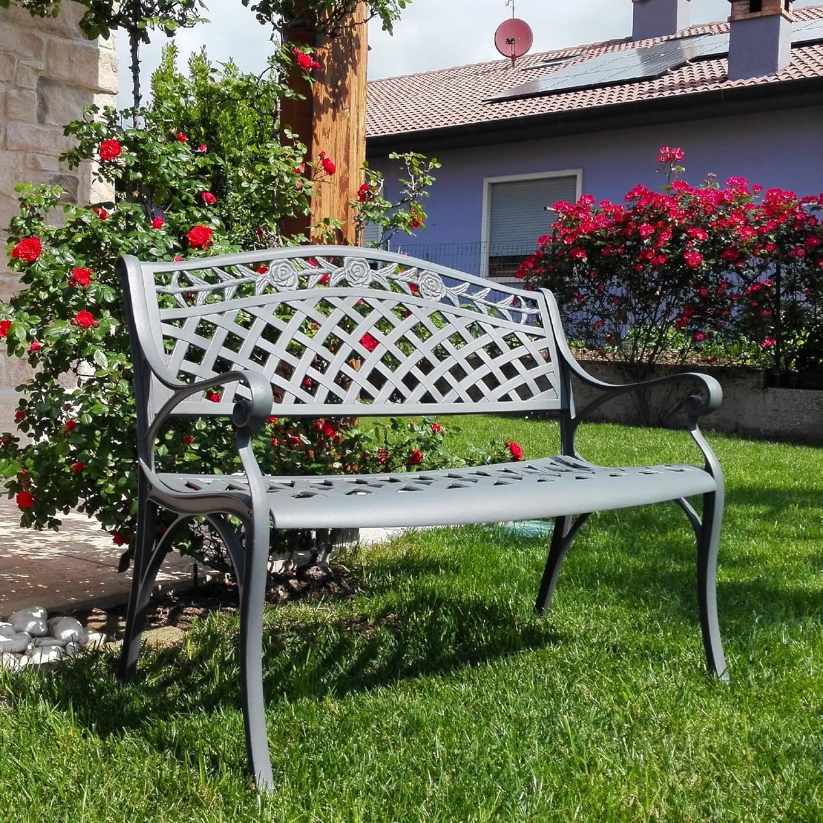Tuinbank 2-zits Aluminium 102x55x85 cm Weerbestendig Roestvrij Gietaluminium – Luxe Klassieke Buitenbank voor Tuin, Balkon & Terras – Leigrijs – Laura