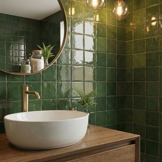 Een keuken met een mosgroene, glanzende 3D-wandtegelachterwand.