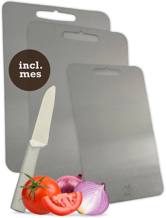 Set de planches à découper Rivoya 3 pièces - Incl Couteau - Titanium Stabilisé Inox - Planche à découper - Sans PFAS & Antibactériell - Résistant au lave-vaisselle - Set de 3 - 34x23cm & 29x20cm & 25x15cm