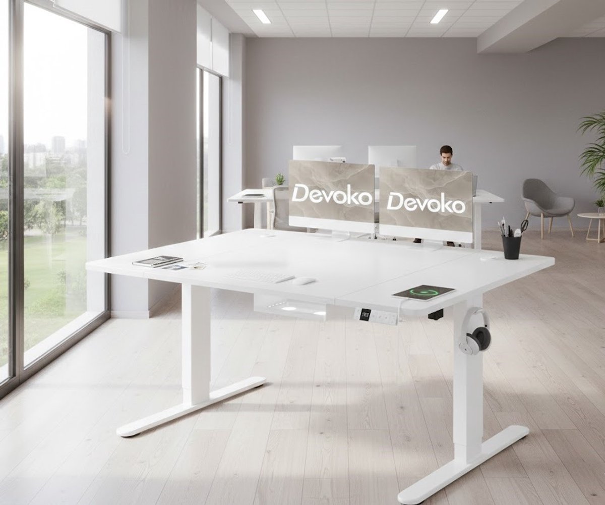 Elektrisch Zit-Sta Bureau 140x80 cm met Type-C Oplaadpoort – In Hoogte Verstelbaar Bureau met Geheugenfunctie, Kabelmanagement & Wieltjes – Ergonomisch Staand Bureau – Wit A-Furniture
