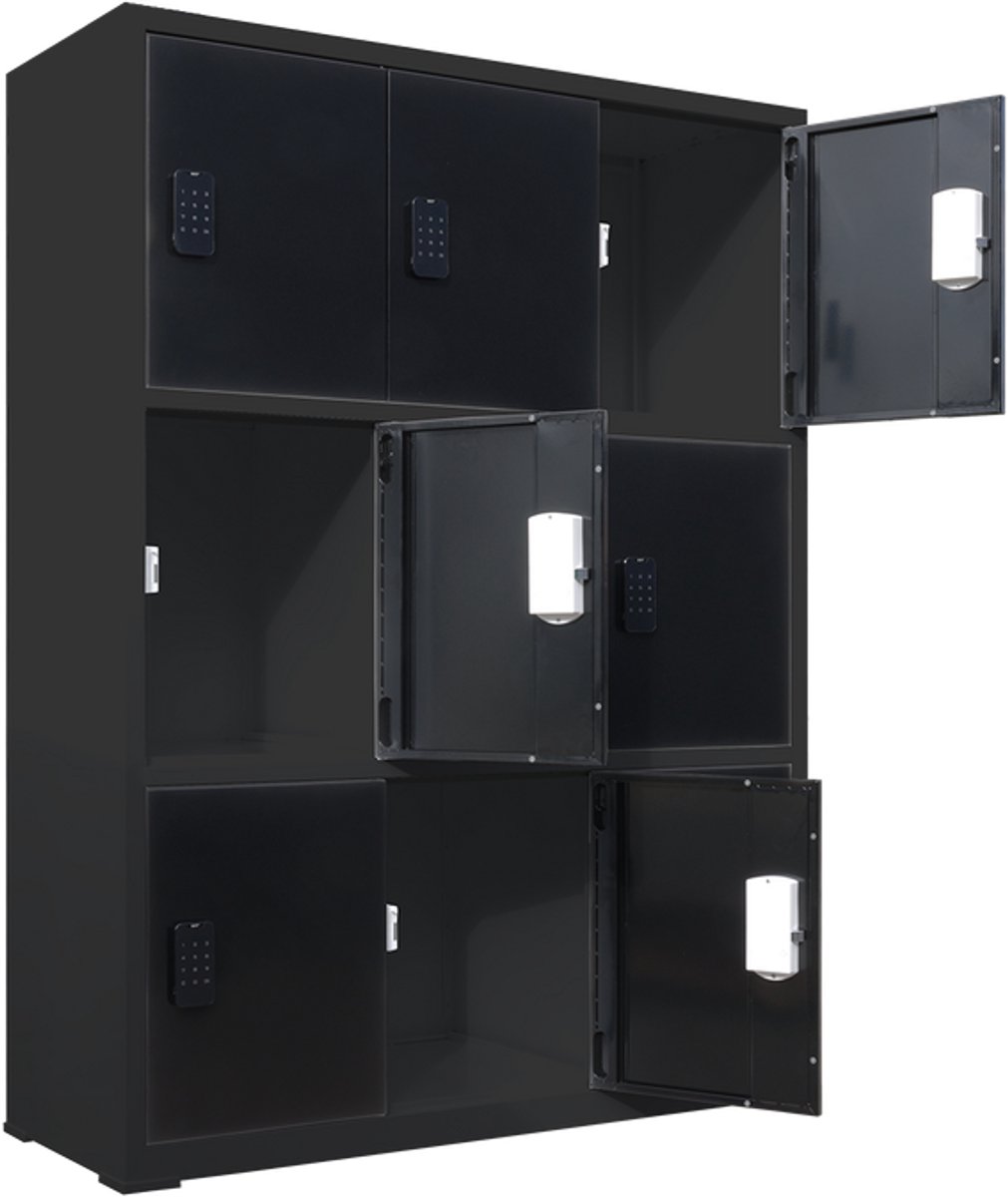 IVOL Lockerkast met digitaal cijferslot - Zwart - 112x42x150 cm - 9 lockers