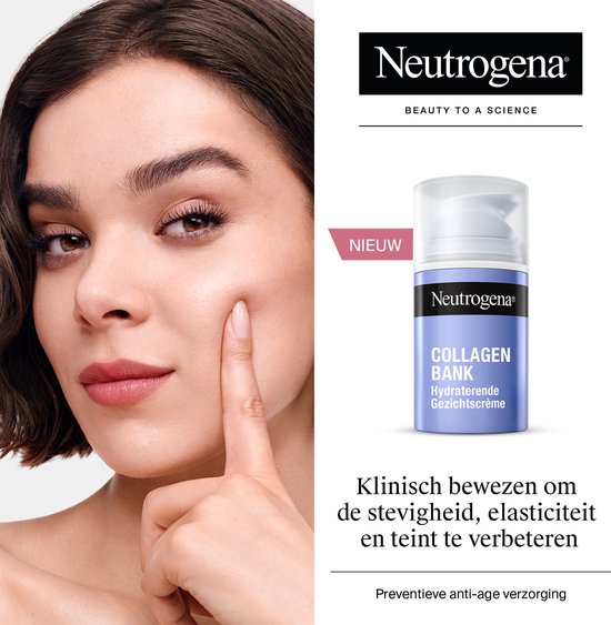 Model die met haar vinger op haar wang drukt. Merklogo Neutrogena. Nieuwe crème: Collagen Bank hydraterende gezichtscrème. Klinisch bewezen.