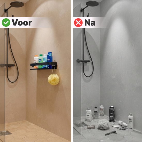 Vergelijking voor en na installatie van het zwarte doucherekje in een douchecabine.