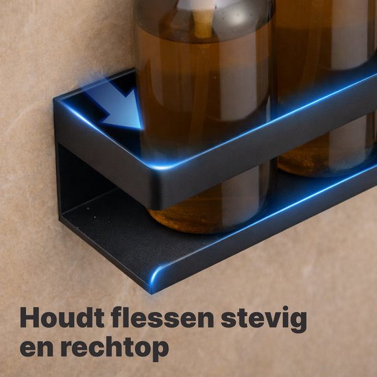 Zwart doucherekje dat flessen stevig en rechtop houdt.