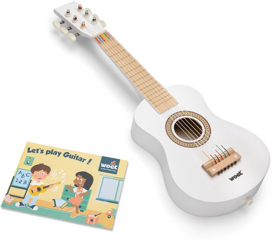 Woet® Houten Speelgoedgitaar met Draagriem - Wit - Speelgoedinstrument - Mijn eerste Gitaar Inclusief Muziekboekje - Speelgitaar voor Kinderen - Vanaf 3 jaar