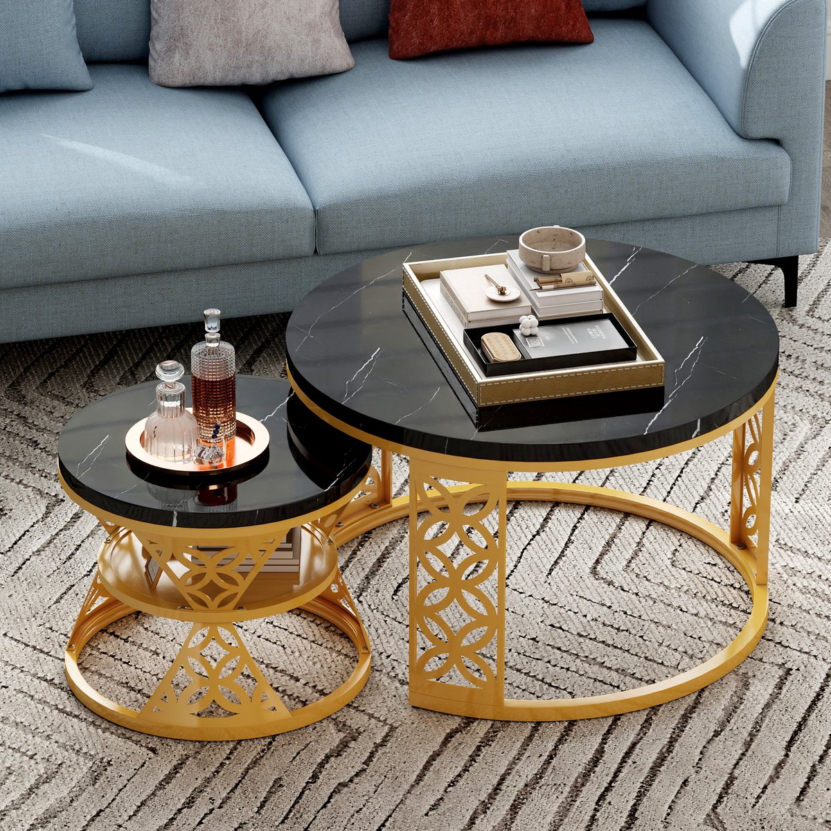 MIVRAY Hoogglans Salontafel Set Van 2 - Rond Marmerlook MDF Tafelblad - Goud Metaal Frame - Modern Stapelbaar - 70×70×45 & 45×45×37 Cm - Goud En Zwart