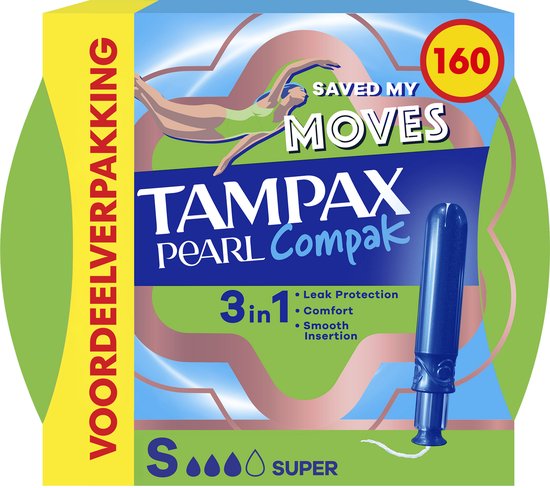 Tampons Tampax Pearl Compak Super. Lot économique, 160 pièces. Avec nageuse et tampon. "Saved my moves". 3-en-1 : protection anti-fuites, confort, insertion douce.
