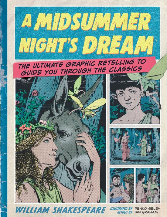 Une bande dessinée de A Midsummer Night's Dream avec un âne, une fille avec une couronne de fleurs et des fées.