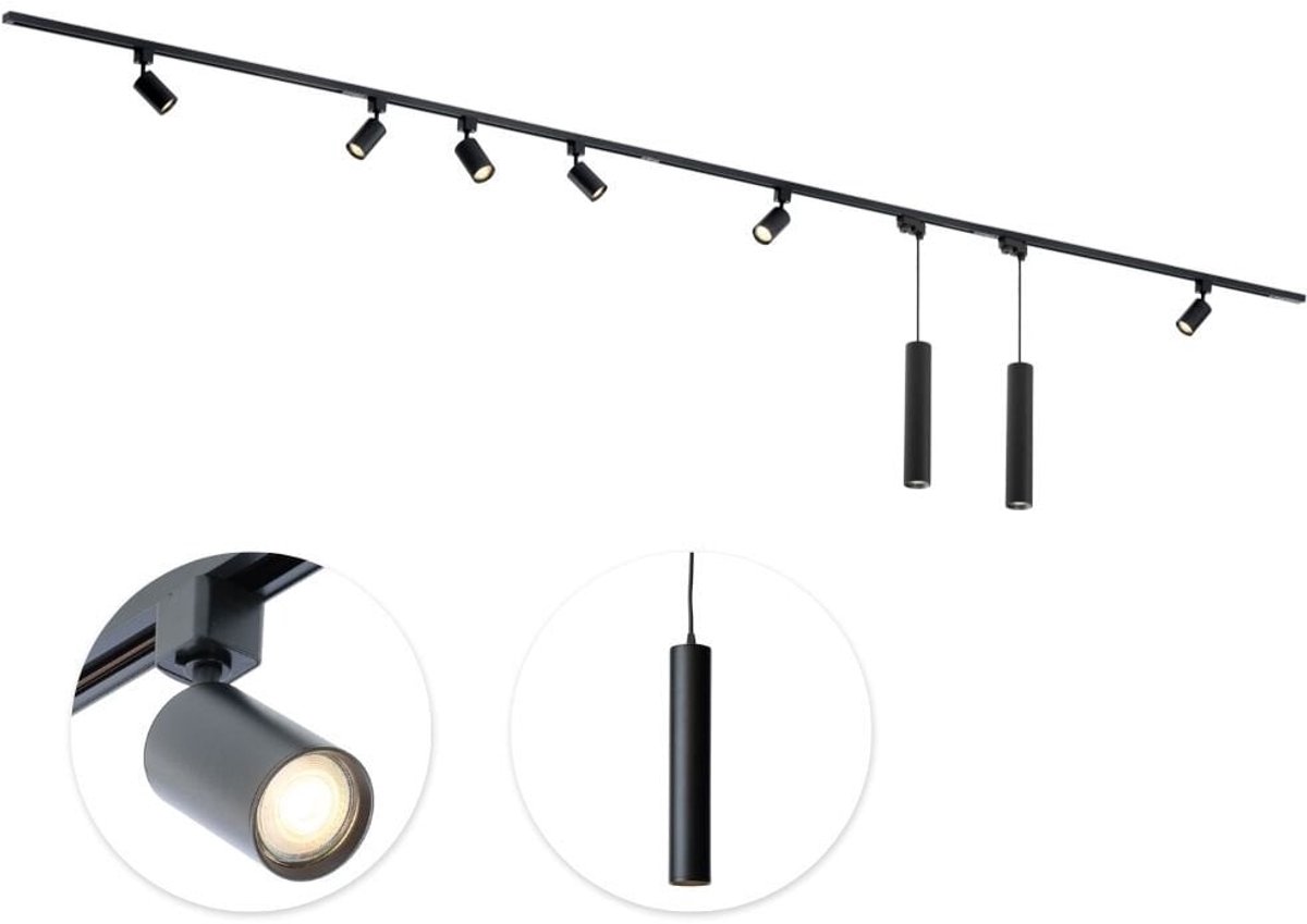 Qub Focus Railverlichting - Zwart - 400 cm - I-Vorm - 6 Spots & 2 Hanglampen - Dimbaar - Complete Set