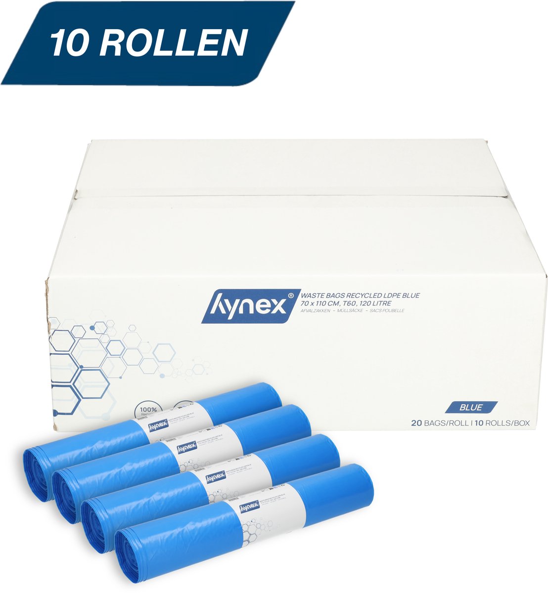 Hynex Vuilniszak 120 liter - 200 stuks - Afvalzakken - Gerecycled LDPE - 70x110 cm - 10 rollen x 20 stuks - Blauw