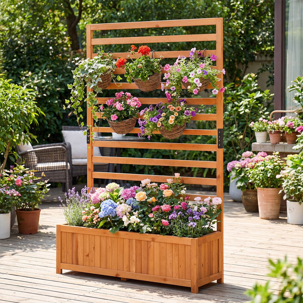 COSTWAY Bloembak met rankrooster, plantenbak voor klimplanten, verhoogd bed met latwerk, voering en afwatering, bloempot voor tuin, balkon, tuinlatwerk, rankkast, hout, 90 x 35 x 150 cm (oranje)