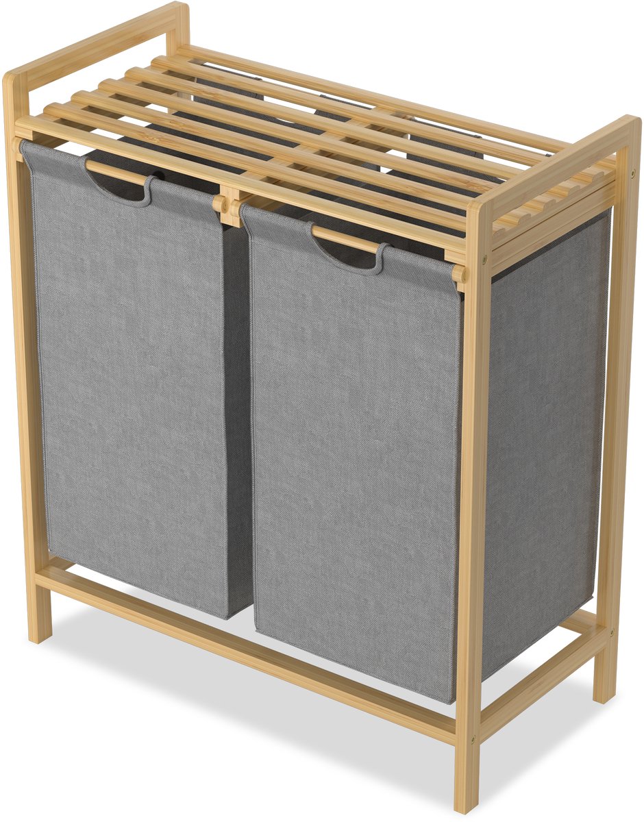 Wasmand van Oxford-weefsel, 2 x 36 liter, 2 vakken, afneembare wasverzamelaar met plank en bamboeframe, waszak, uittrekbaar, efficiënte wasopslag voor bijkeuken, grijs NAIZY
