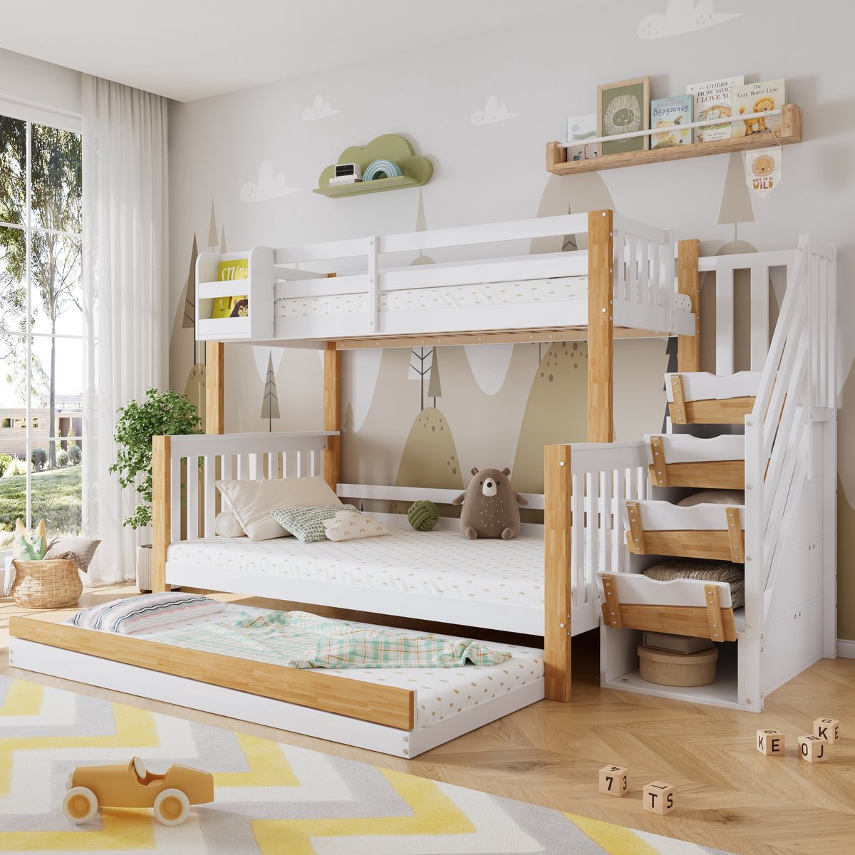 OKWISH Stapelbed 120x200cm – Met Uitschuifbed En Opbergtrap Met Kasten – Met Uitvalbeveiliging – Voor Kinderkamer – Massief Hout En MDF – Zonder Matras – Wit Naturel